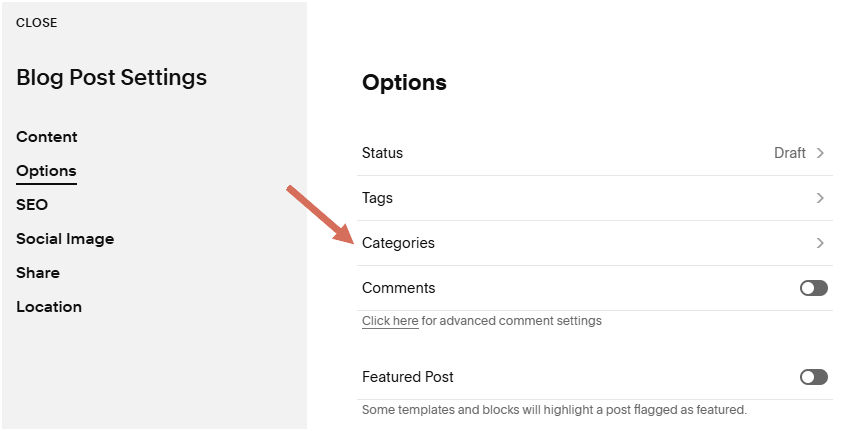 SEO Checklist blog post settings options & catagories