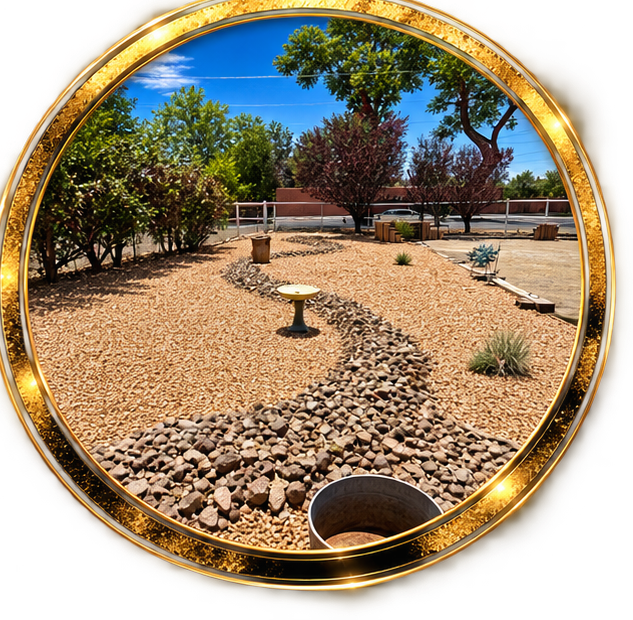 Desert landscape with a curved gravel pathway, small plants, a birdbath, and trees in the background under a blue sky.