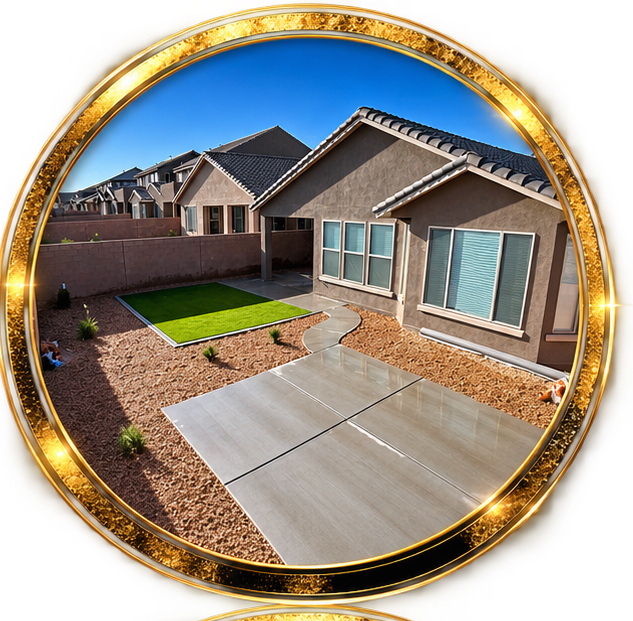 Backyard with concrete patio, small patch of artificial grass, and a neighboring house, under a blue sky.
