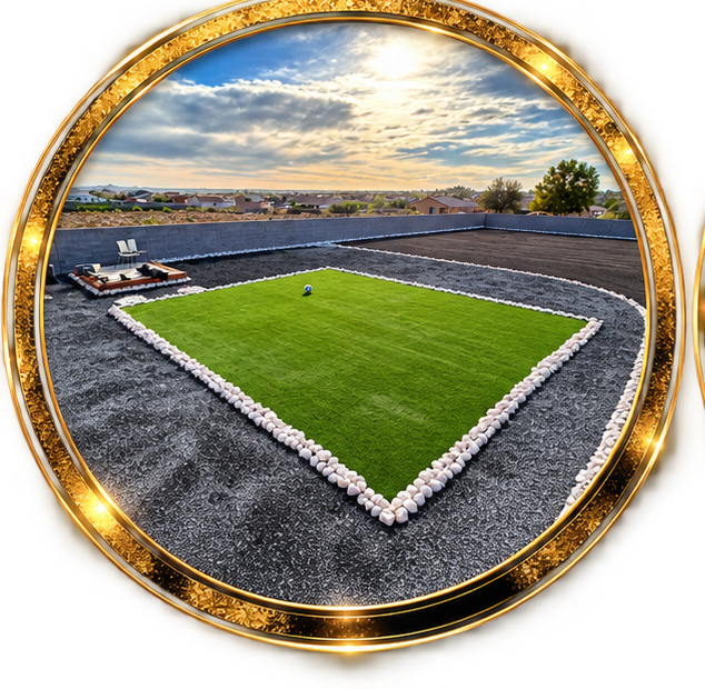 Rooftop with artificial grass area, surrounded by rocks, with seating and views of a cloudy sky and horizon.