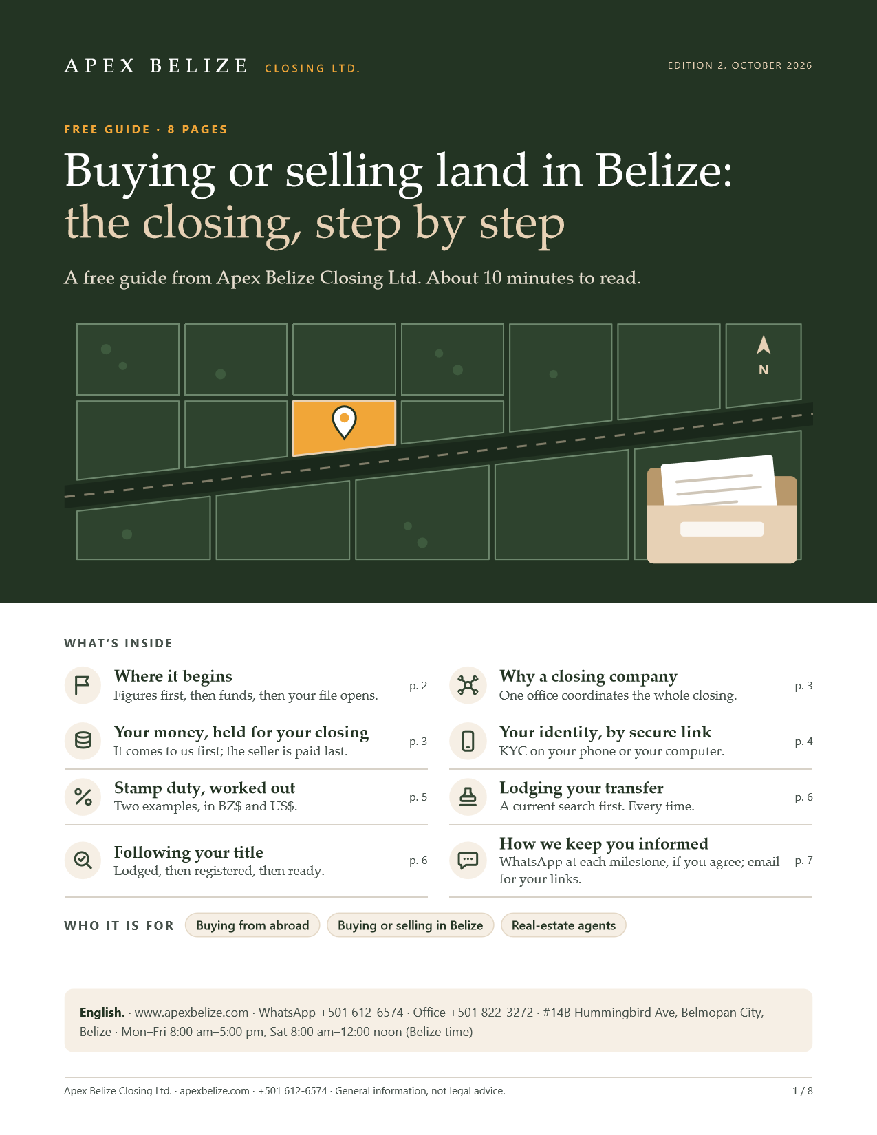 The Closing Guide's cover: Buying or selling land in Belize: the closing, step by step