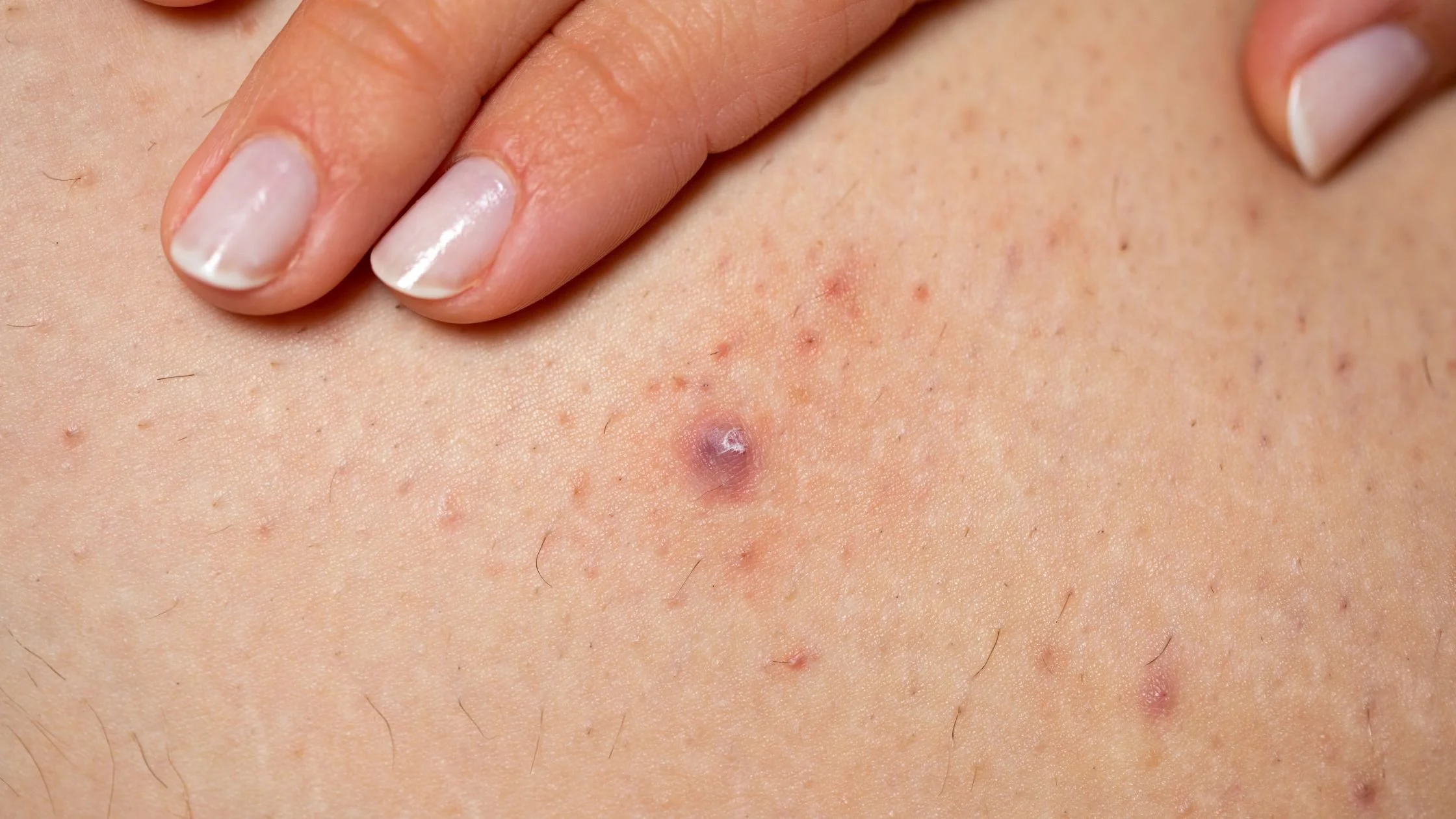 Close-up of skin with an inflamed ingrown hair and small bumps