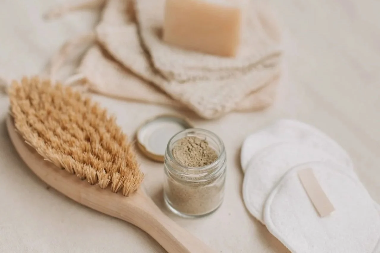 Exfoliating brush and skincare products