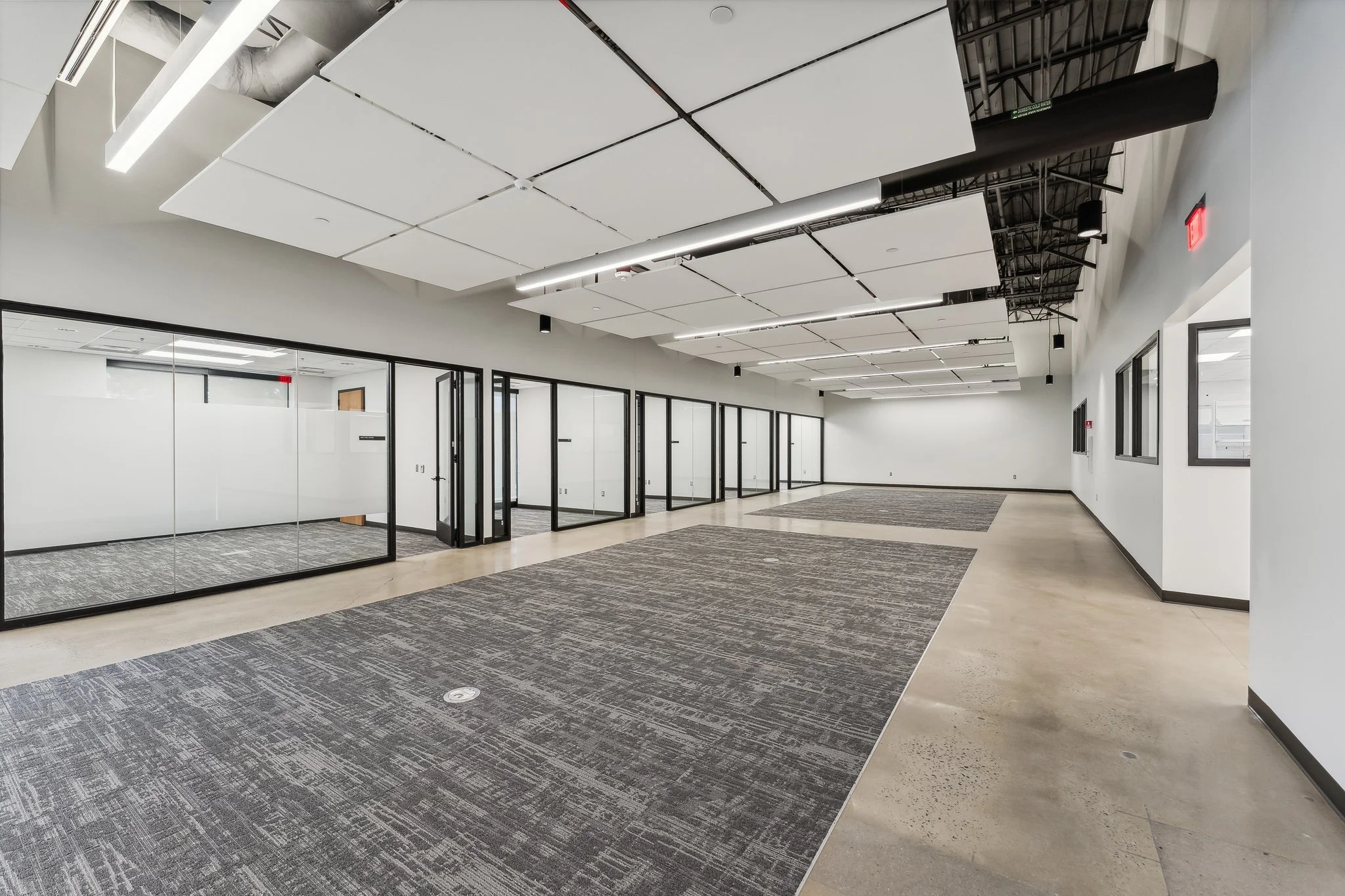 Empty office corridor with glass-walled rooms on the left, white walls, and modern ceiling panels with linear lighting, and open space with gray carpet and concrete flooring.