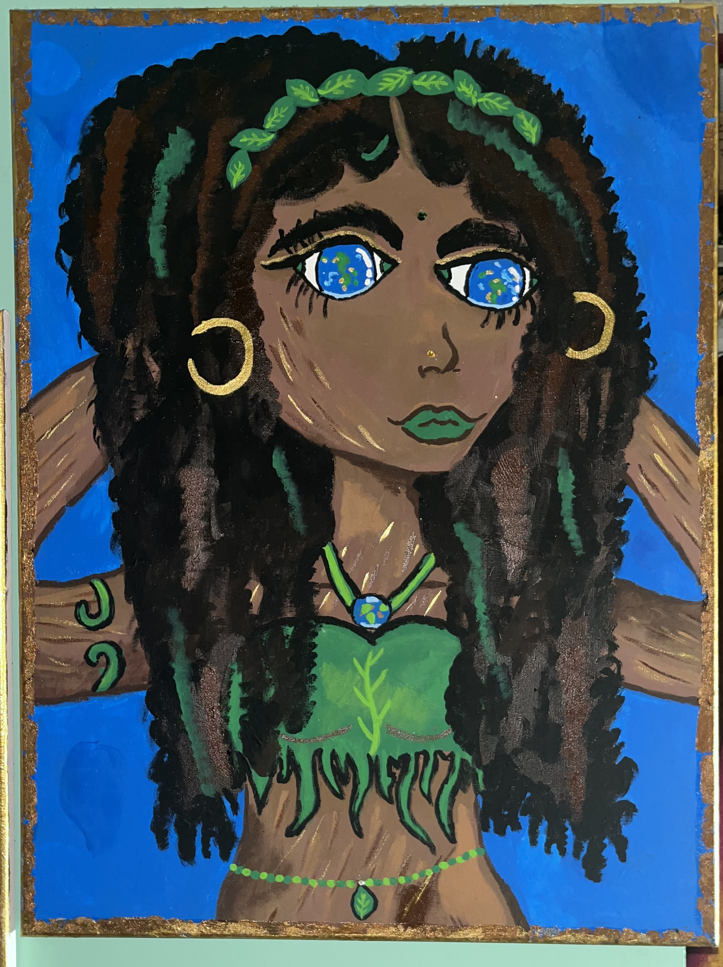 "Mother Nature" is my interpretation of personifying the world we currently call home. The grounds in which we walk on, live, breathe, eat, and nourishes us. The feminine Divine.