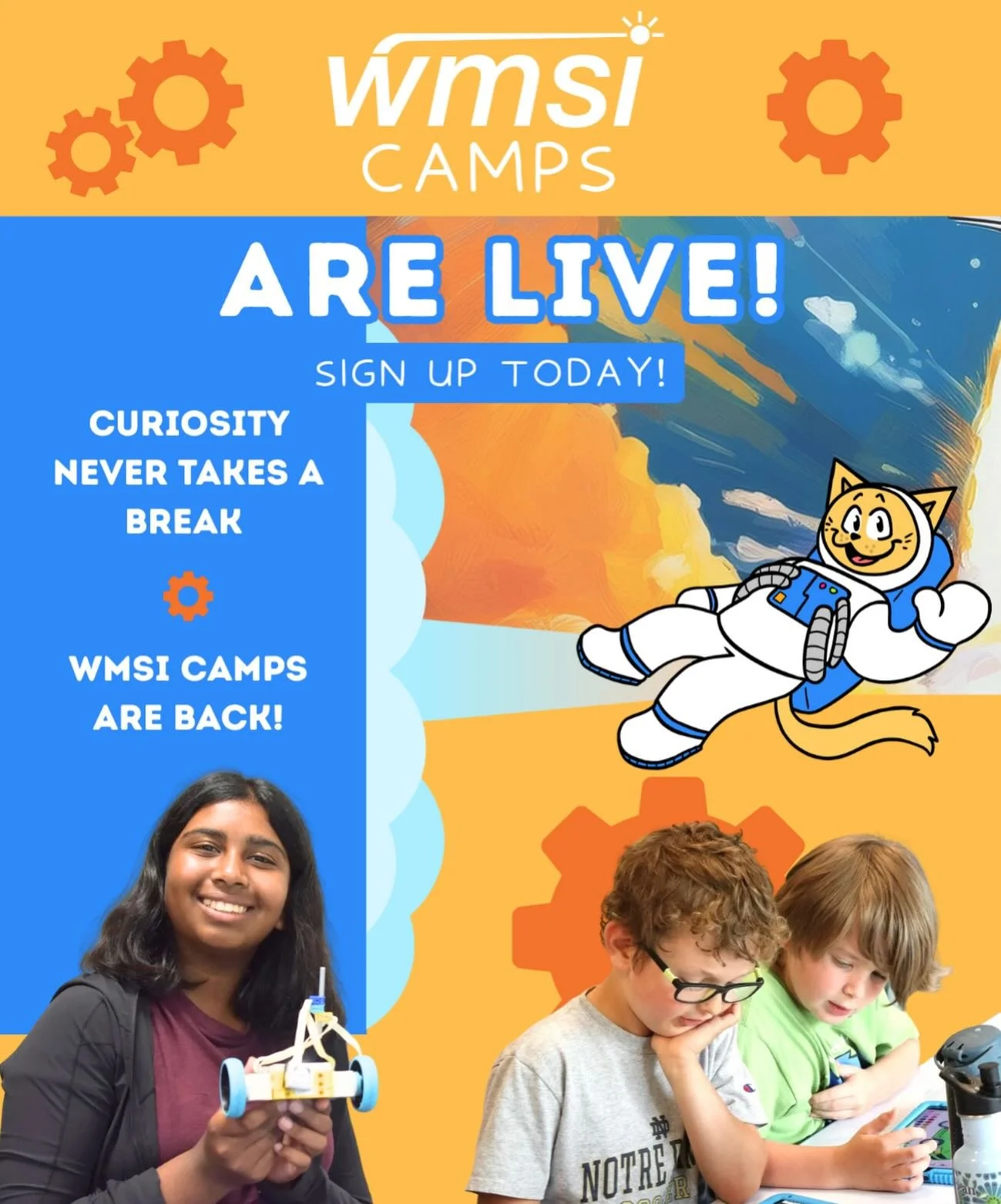 🚀 WMSI CAMPS have landed!🔧🧪
We&rsquo;re thrilled to officially open registration for WMSI&rsquo;s 2026 camp season!
✨
PACKED with creativity, curiosity, robotics, coding, tinkering, storytelling, and all the STEAM fun you know and love! Head on ov
