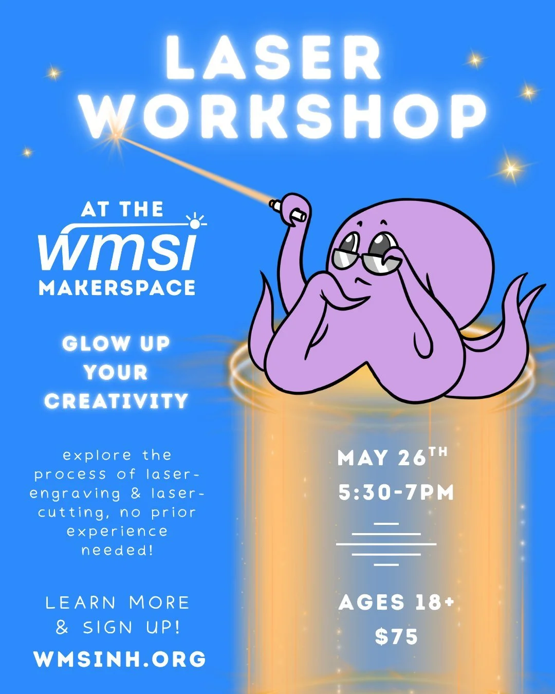 Ever wanted to cut a sheet of wood into pieces with a superpowered laser? Well now you can at WMSI&rsquo;S LASER WORKSHOP! 🎉
-
Learn the ins and outs of laser cutting and the design process of turning a design on a computer into a series of instruct