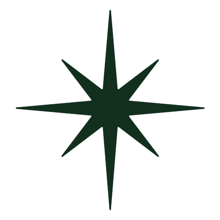 A dark green star-shaped graphic with multiple points