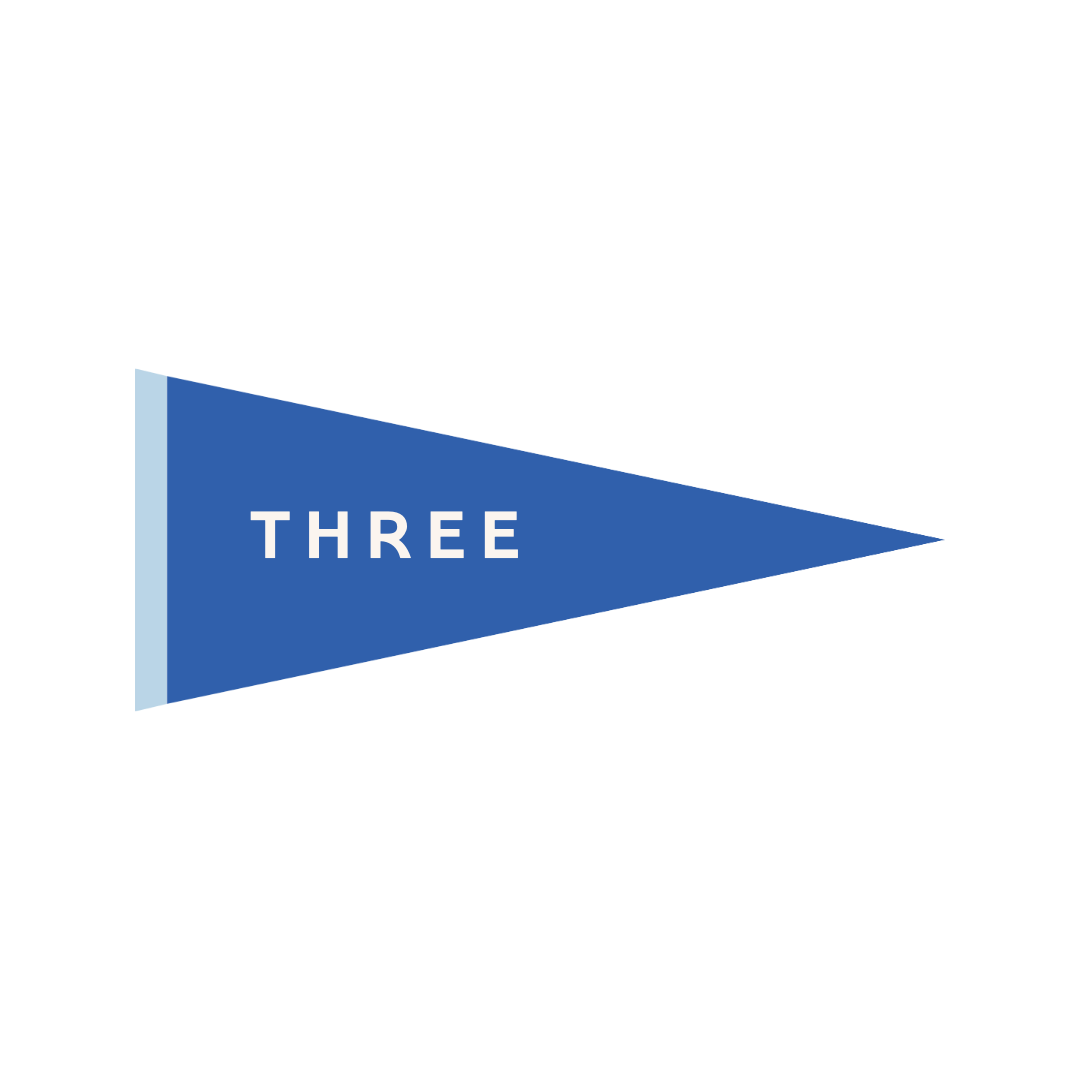 Design with a dark blue flag pointing right, with the word 'THREE' written in white text.