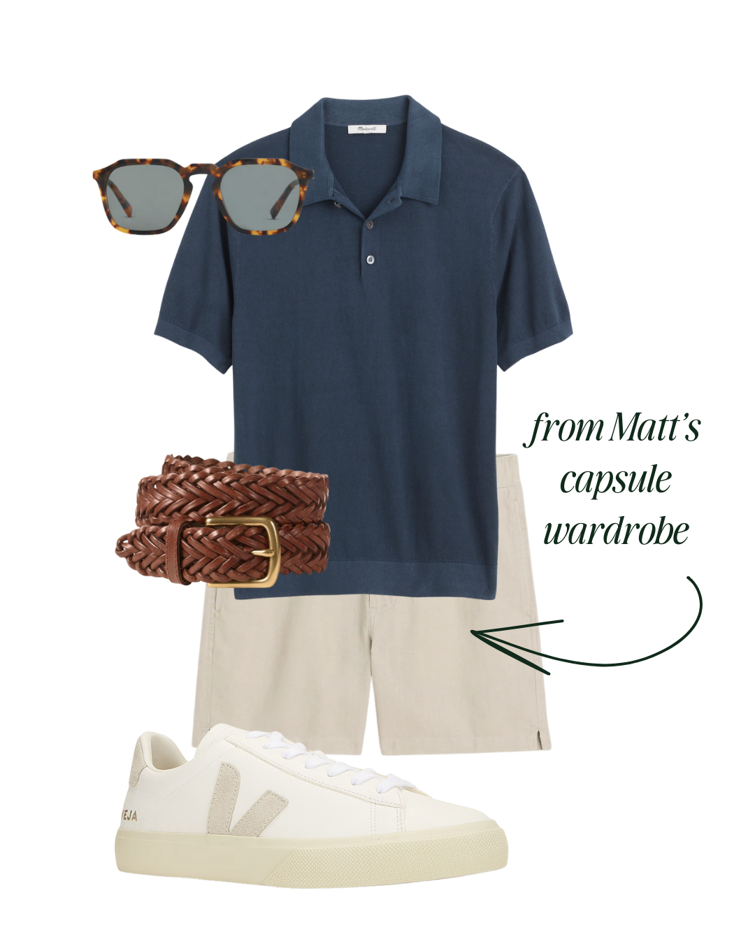 Men's casual outfit idea featuring a navy polo shirt, white shorts, white sneakers, brown woven belt, tortoise shell sunglasses, and a brown braided belt.