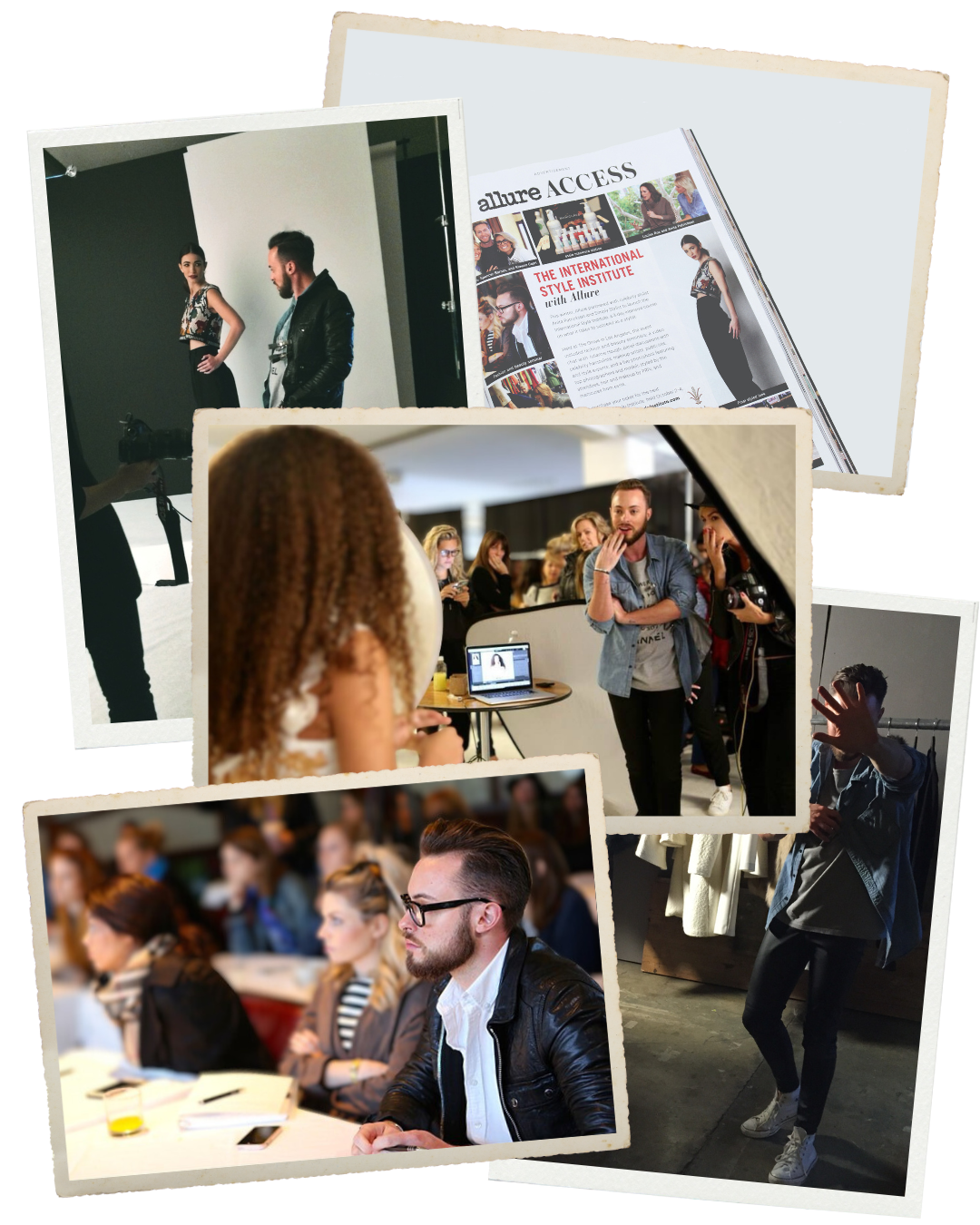 Collage of photos showing scenes from a fashion event, including a photoshoot, a presentation, a personal stylist, audience members, and a model walking backstage.