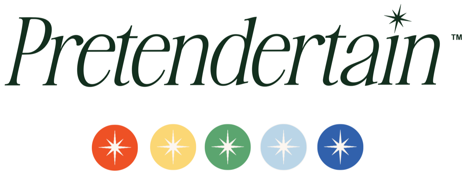 The word 'Pretendertain' a portmanteau of the words 'Pretend' and 'Entertain'. Below are five colorful circles: orange, yellow, green, light blue, and dark blue, each with a white star center.
