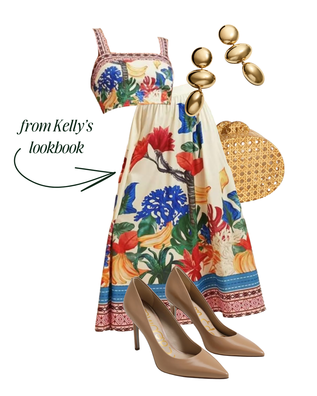 A vacation outfit idea: a floral dress with a multicolored pattern, beige high-heeled shoes, a woven handbag, and gold-themed earrings.