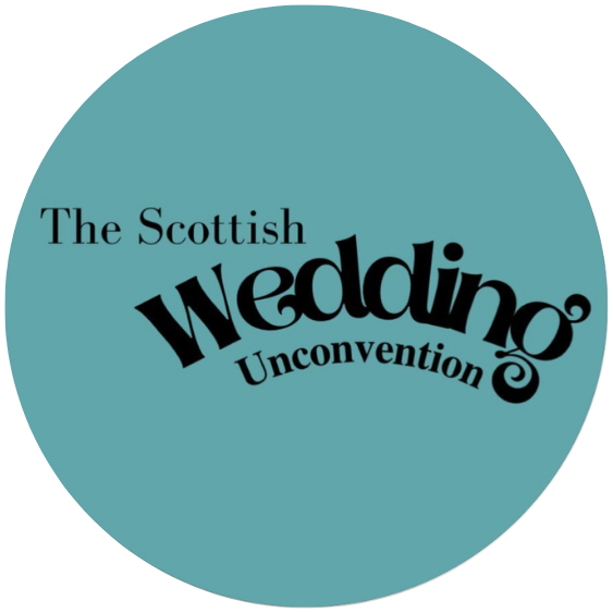 Logo for The Scottish Wedding Unconvention with text in various fonts on a teal circular background