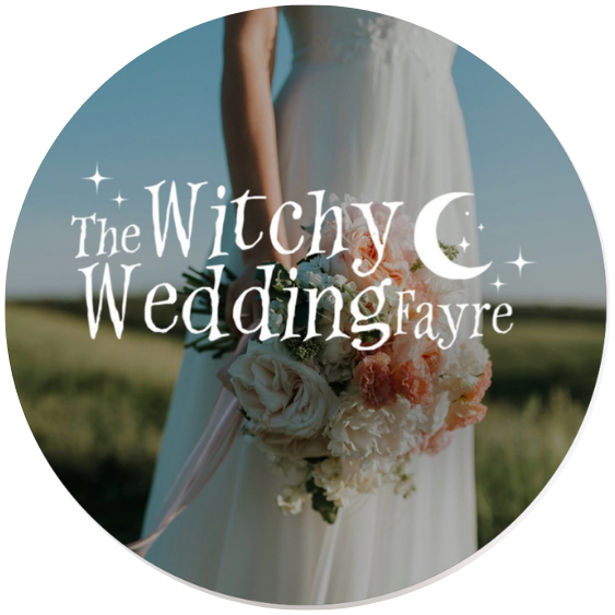 Logo for The Witchy Wedding Fayre featuring a bride holding a bouquet, with text and crescent moon design.