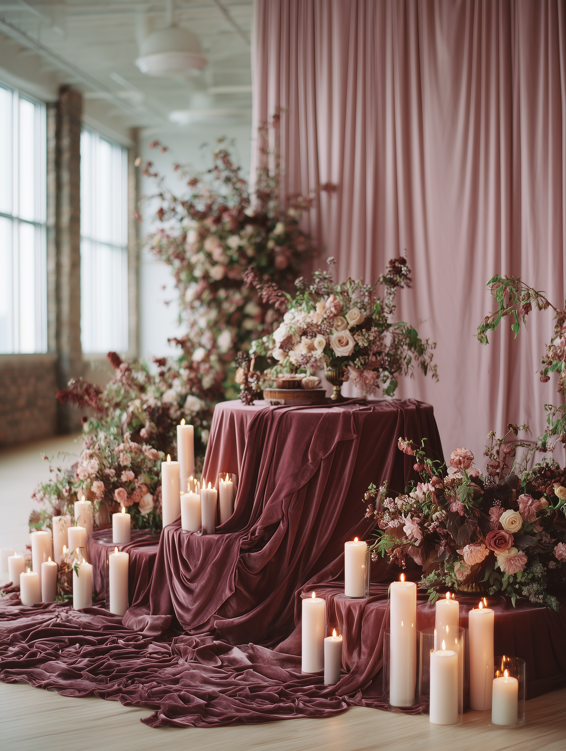 Elegant indoor event setup with a backdrop of pink curtains, floral arrangements, and numerous white candles on a draped surface.