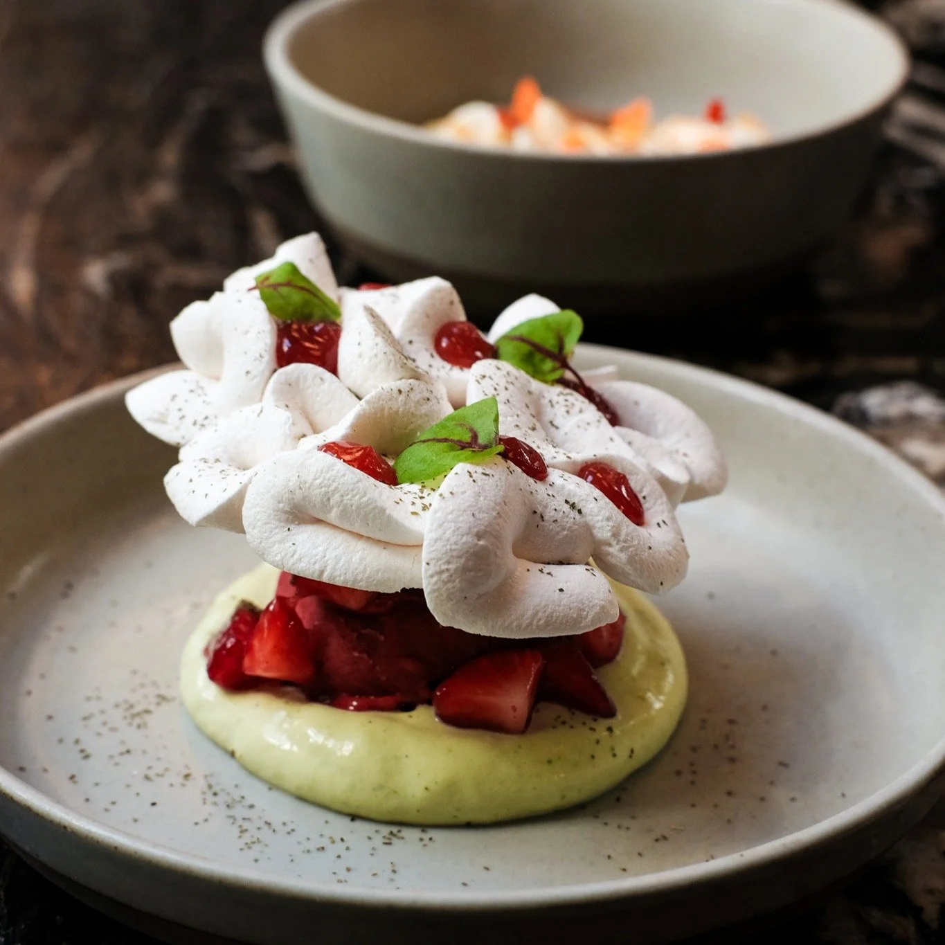 Save room for desserts, trust us 🍓🥧

🍓 Pavlova &middot; strawberry sorbet, sorrel mousse, Klug strawberries, and meringue

🥧 Paw-Noffee Pie &middot; paw-paw sorbet, chicory ice cream, buckwheat vanilla wafers, and angelica whipped cream

One is b