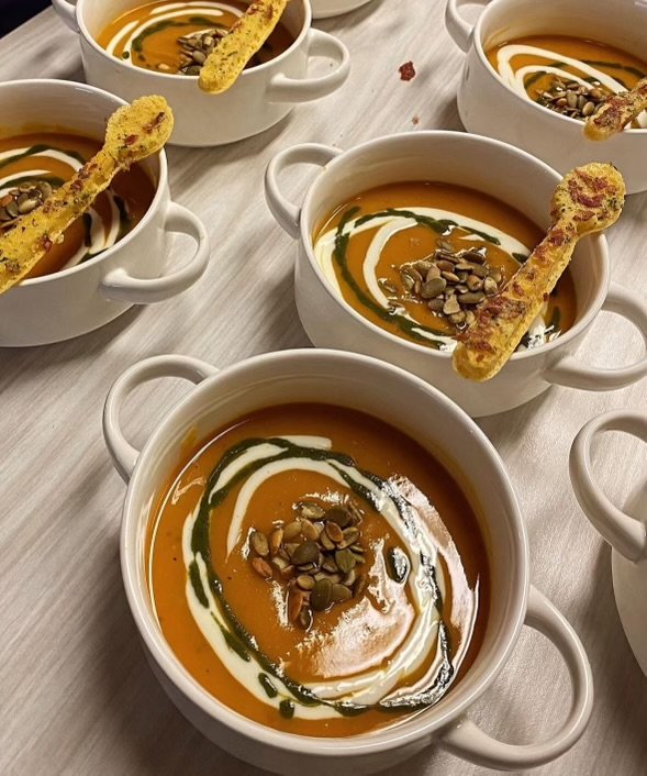 Butternut Squash Soup, Marscapone Cream, Lime Pepitas, Prosciutto Cornbread Spoon