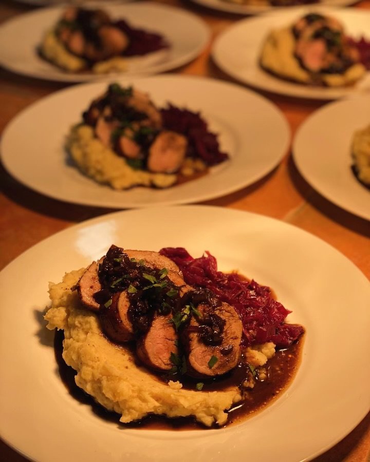 Coffee Crusted Pork Tenderloin, Mashed Potatoes & Parsnips, Bavarian Braised Red Cabbage