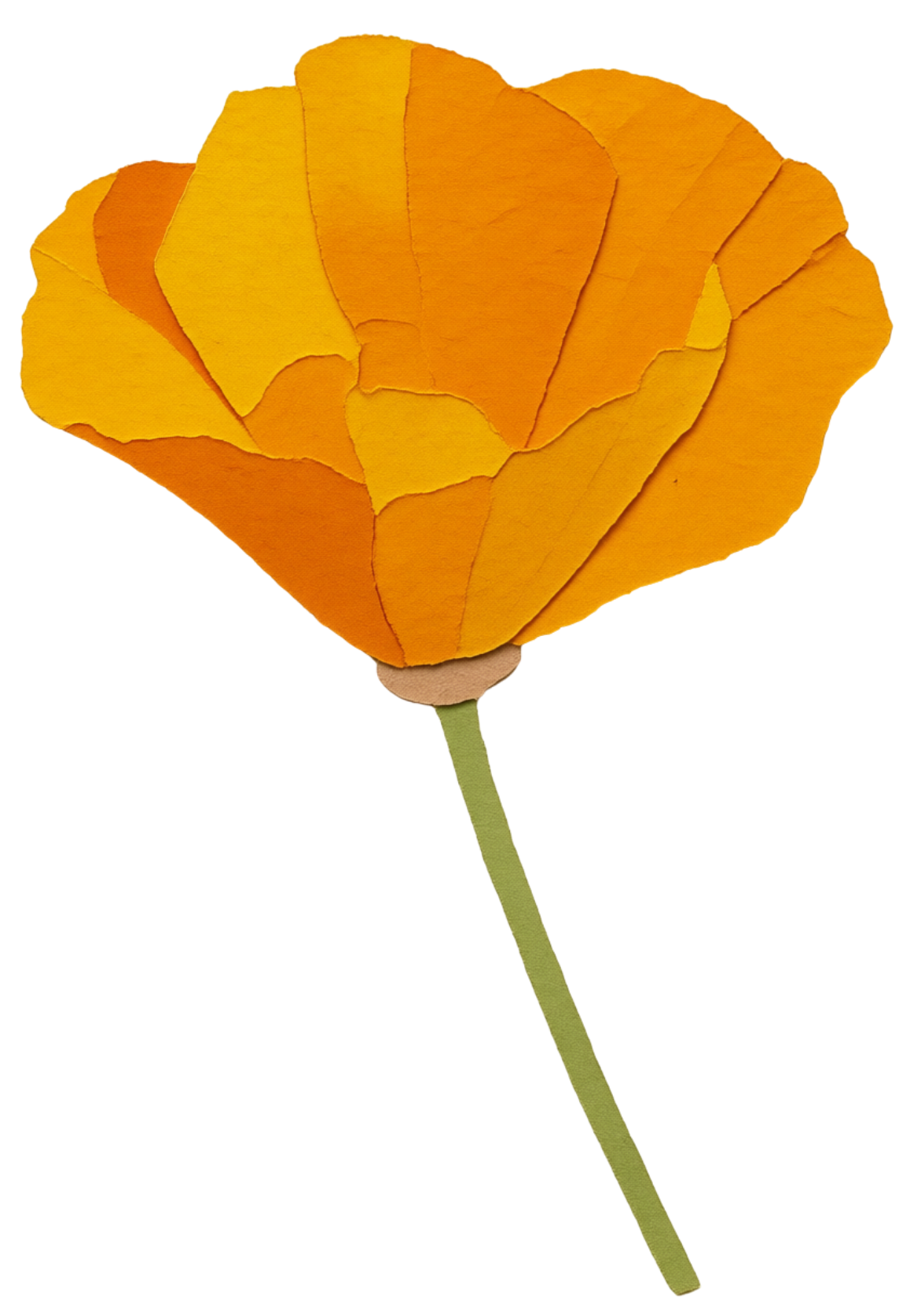 A paper craft orange poppy flower with a green stem.