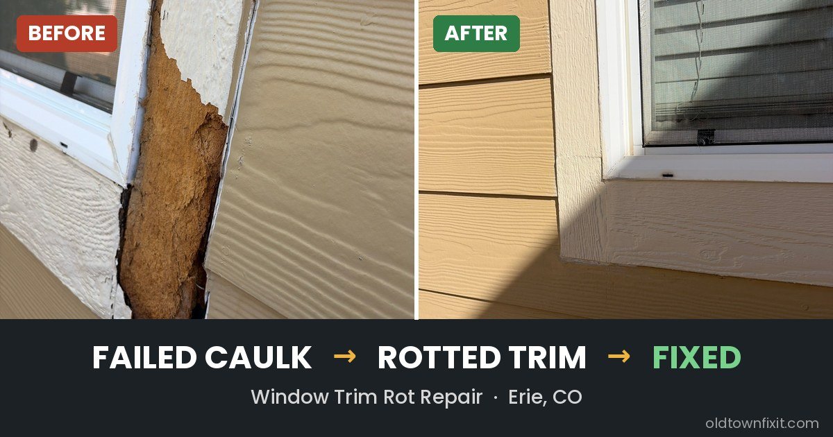 Before and after window trim rot repair: fiberboard trim rotted by failed caulk replaced with sealed, painted wood trim in Erie, CO