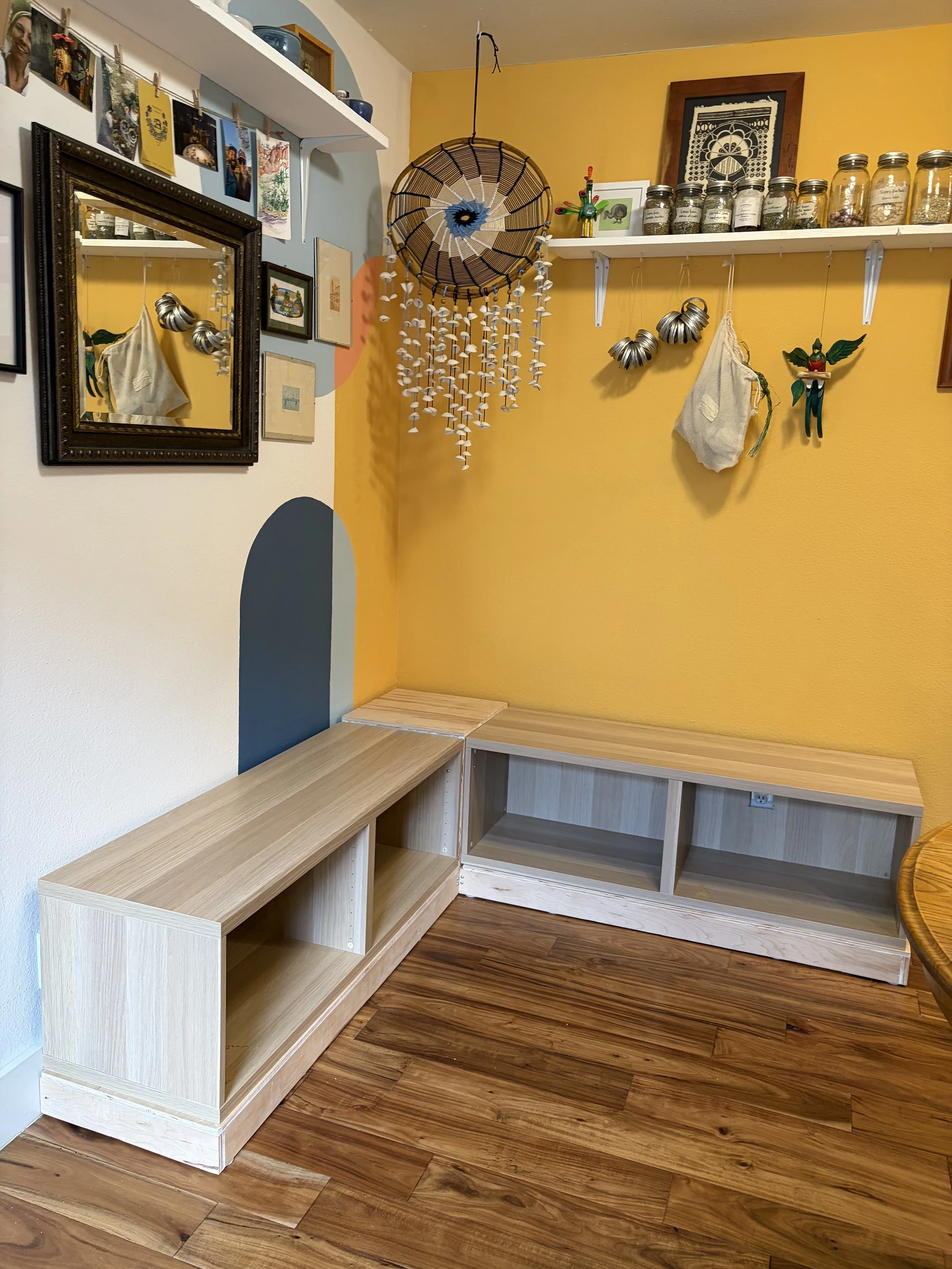 "Custom corner nook bench seating with upholstered cushion built by Old Town Handyman in Boulder, Colorado"