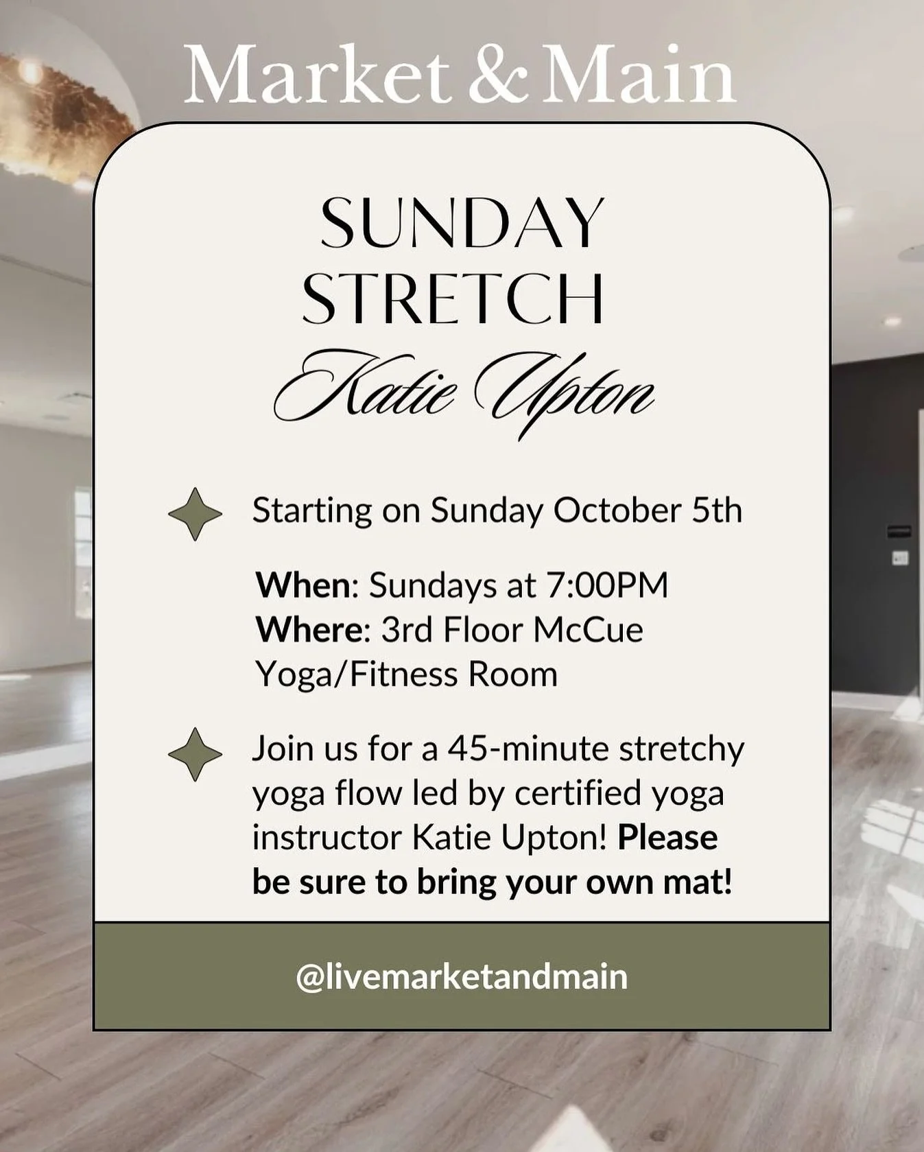 Unwind, reset, and connect with your neighbors ✨ Sunday Stretch is the perfect way to slow down and recharge before the week begins. Bring your mat, bring a friend, and join us as we start a new wellness tradition here at Market and Main! Led by cert