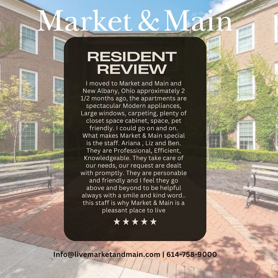 ⭐️⭐️⭐️⭐️⭐️Happy residents, happy community!
We&rsquo;re so grateful for reviews like this Have you had a great experience? Leave us a review and let us know! #marketandmainliving