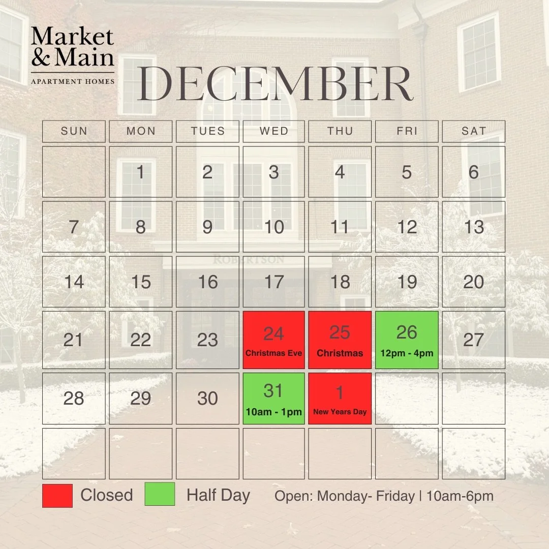 🎄Check out our December holiday hours and office closures. Stay tuned for more reminders and updates! #livemarketandmain