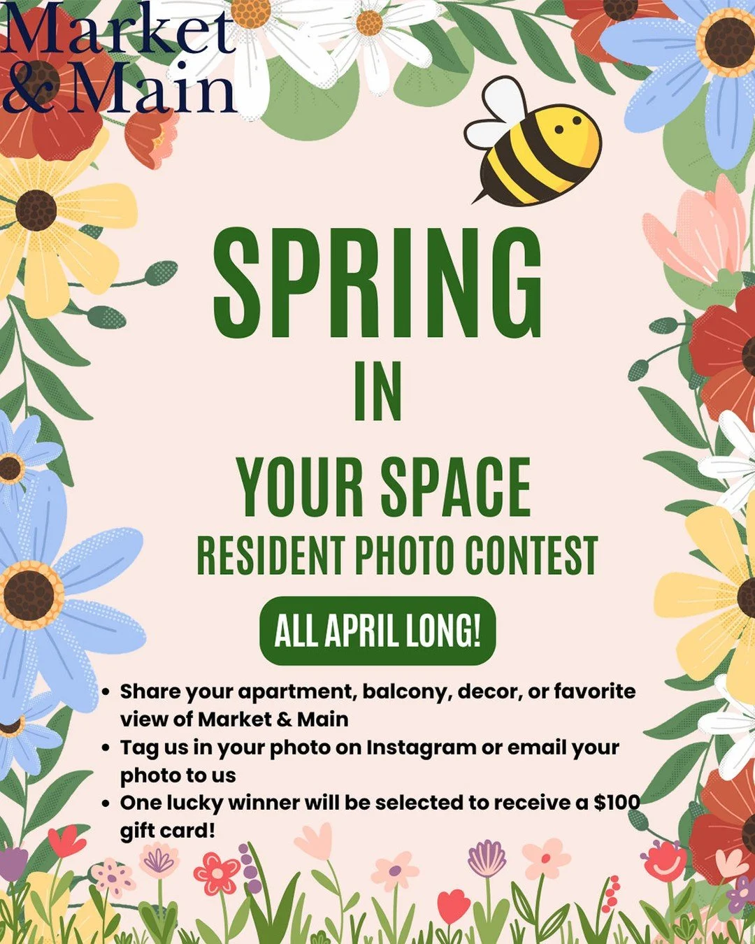 Spring looks good in your space! 🌸🌷 Show us how you're refreshing your home this season - your decor, balcony, or favorite view of Market &amp; Main. Tag us on Instagram or email us your photo all April long. One lucky resident will be selected to 