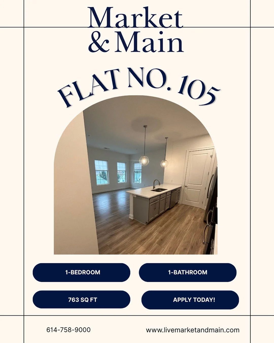 Refined living, reimagined. 💭✨️
Flat No. 105 | 1 Bed &bull; 1 Bath &bull; 763 sq ft | 3rd floor
Available 6.30.26 🤩

Apply online today!💫

#FeaturedFloorplanFriday #LiveMarketAndMain #NewAlbany #LuxuryLiving