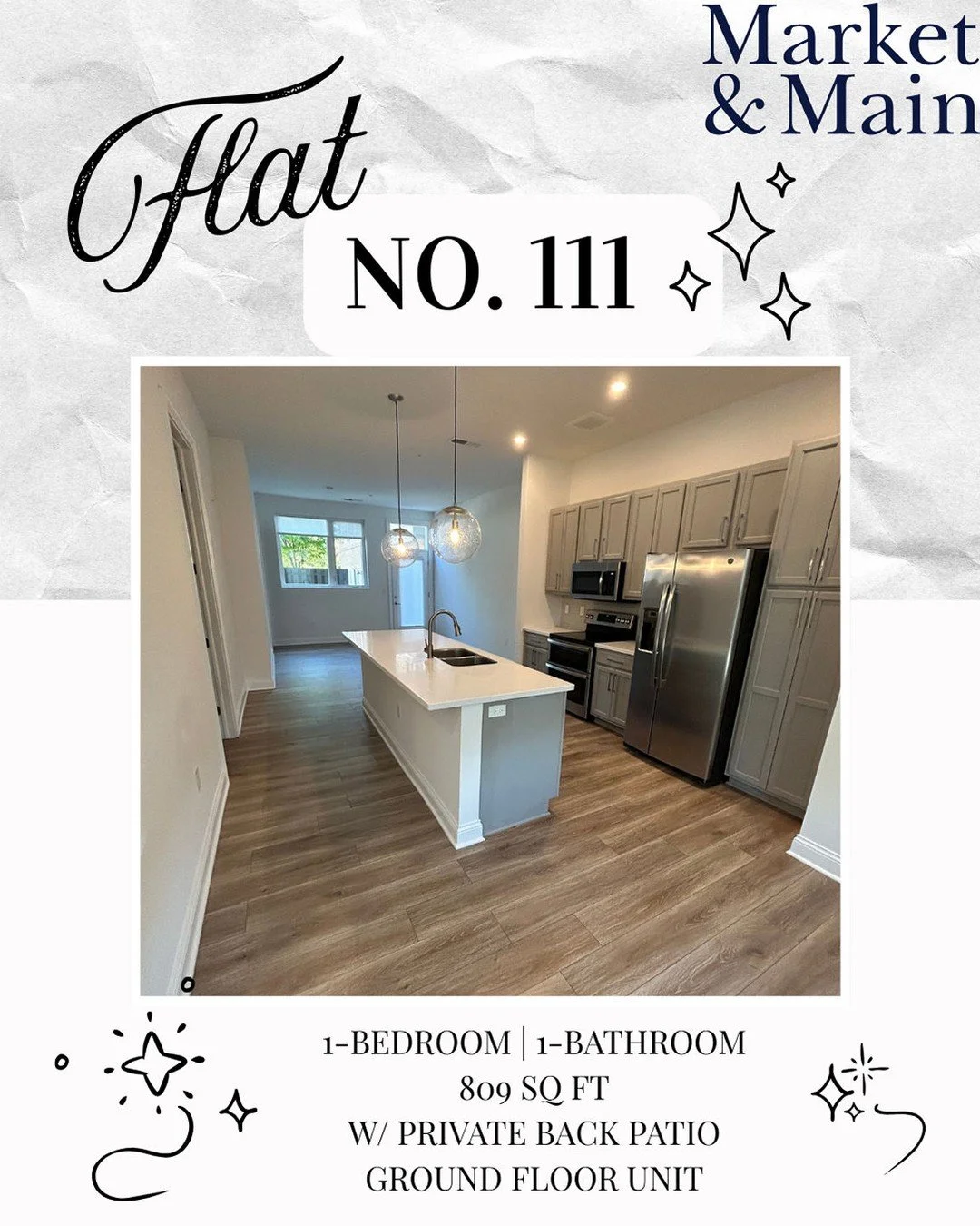(Market &amp;) Main character energy 💅

Flat No. 111 is truly 1 of 1! 😎  It's also our one-and-only 1x1 layout featuring a private back patio, ground floor access, and 809 sq ft of space to make your own.💫 

Available September 9th, apply online t