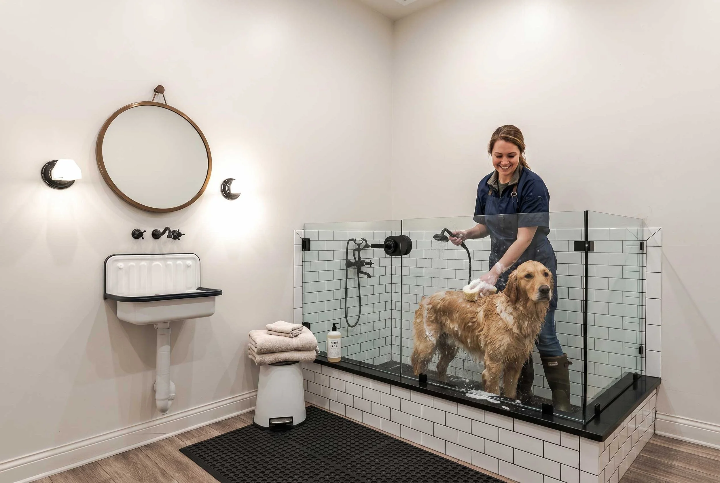 A woman giving a bath to a golden retriever dog in a glass-enclosed shower area, with white subway tile walls and modern bathroom fixtures, including a round mirror and two light fixtures on a white wall.