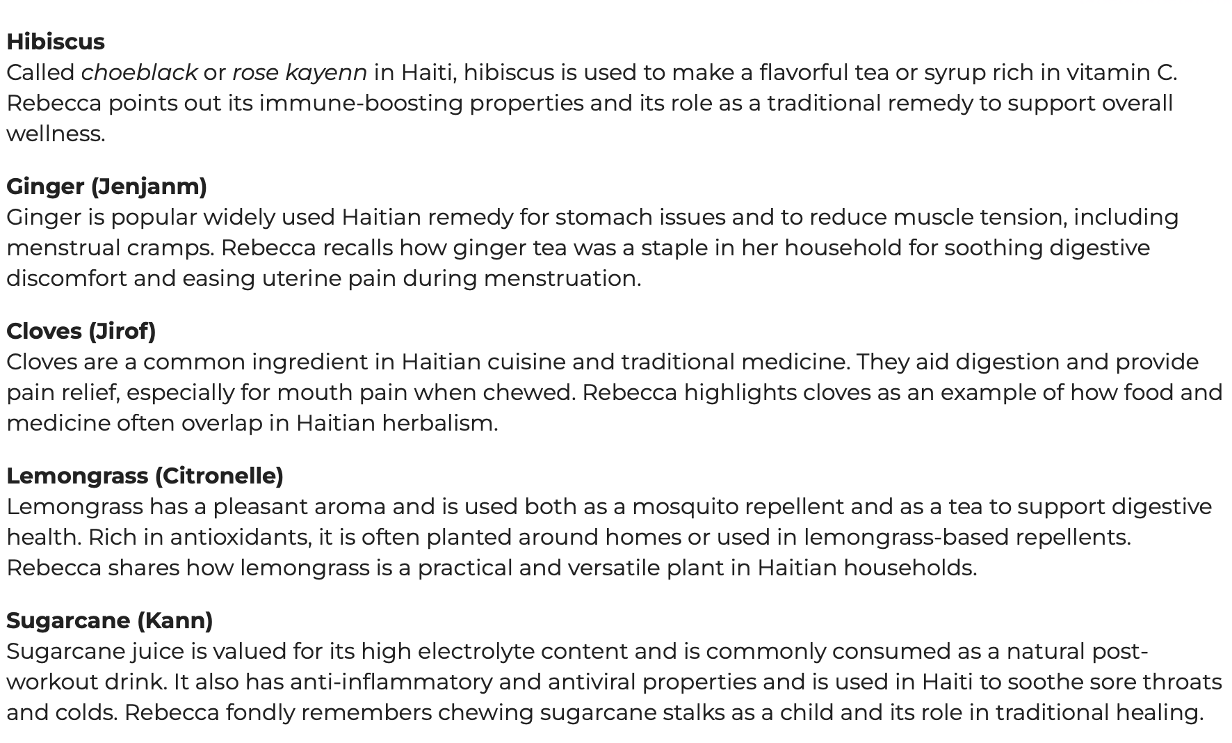 A screenshot from the article describing the culture significance of hibiscus, lemongrass, ginger, cloves, and sugar cane in Haitian culture