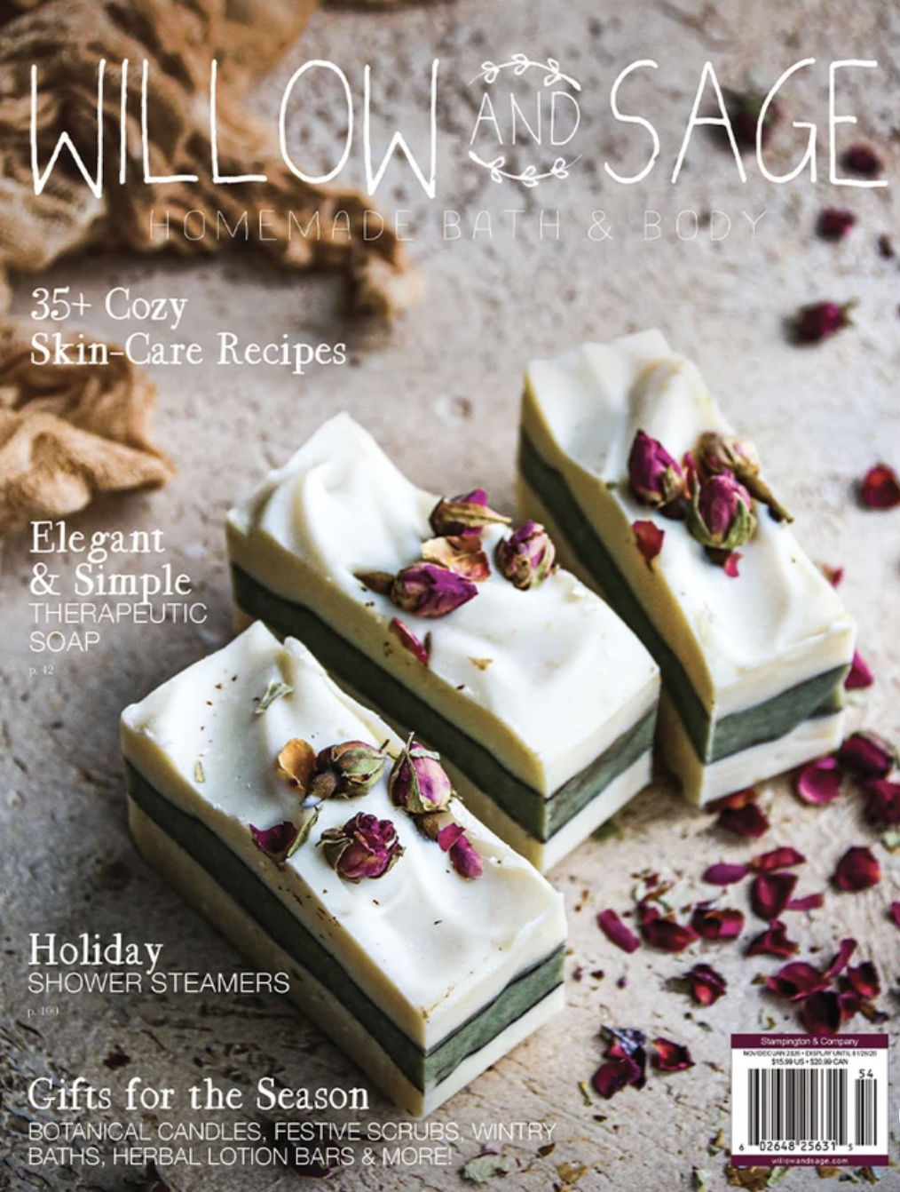 The magazine cover shows beige and olive shower steamers with rose buds sprinkled on top