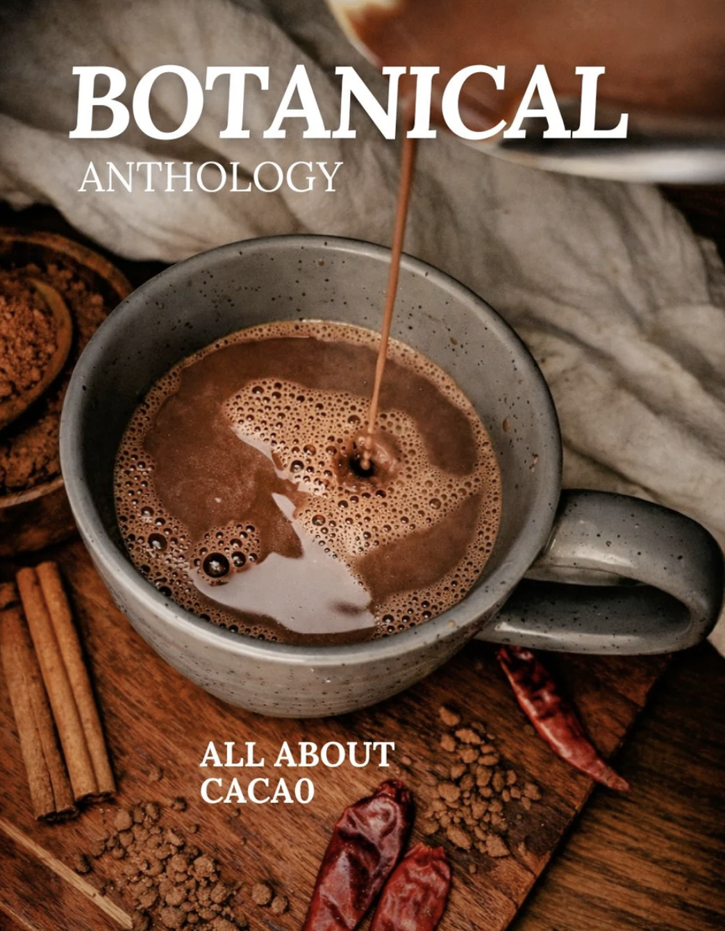 The magazine cover shows hot cocoa being poured into a gray ceramic mug.