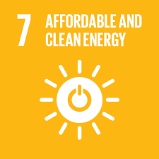Icon representing affordable and clean energy, with a power button symbol surrounded by rays on a yellow background.