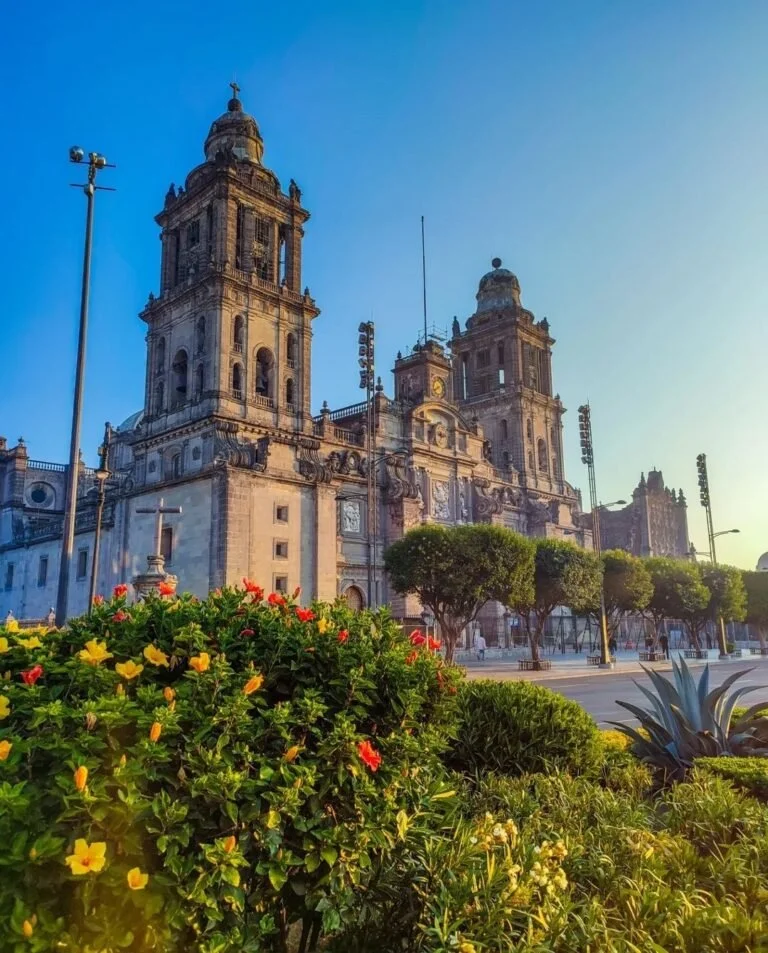 A historic cathedral with twin towers, surrounded by a cityscape and greenery, under a clear blue sky.