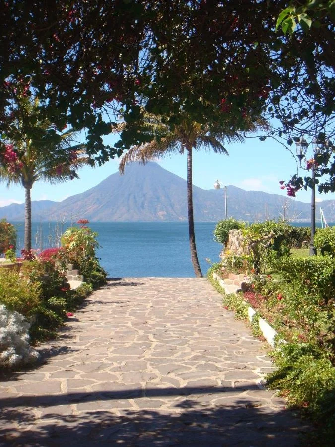 A stone pathway leading to a lake with a volcano in the distance, shaded by trees and flowering plants.