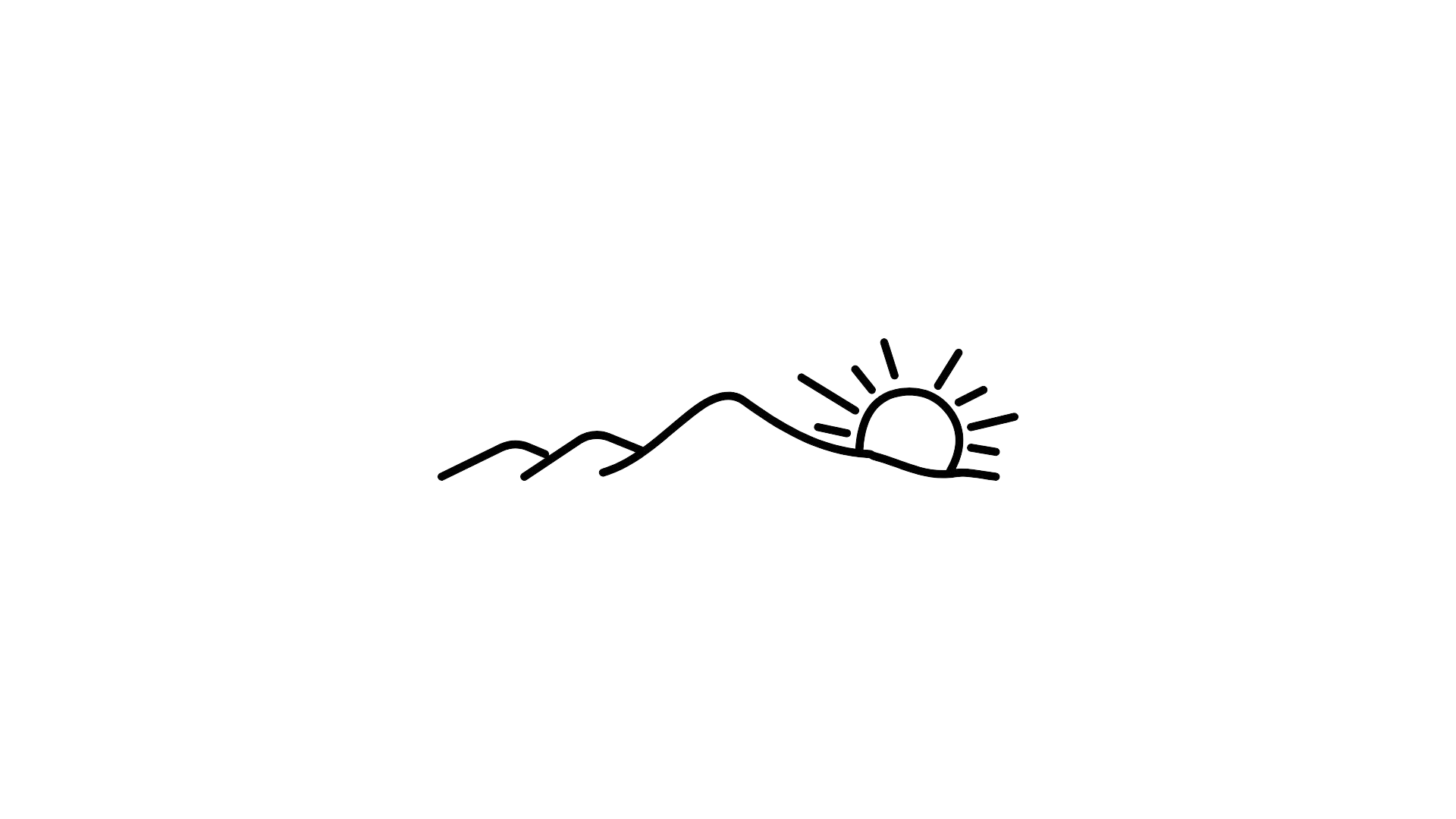 Neon line drawing of mountains with a rising or setting sun on the horizon.
