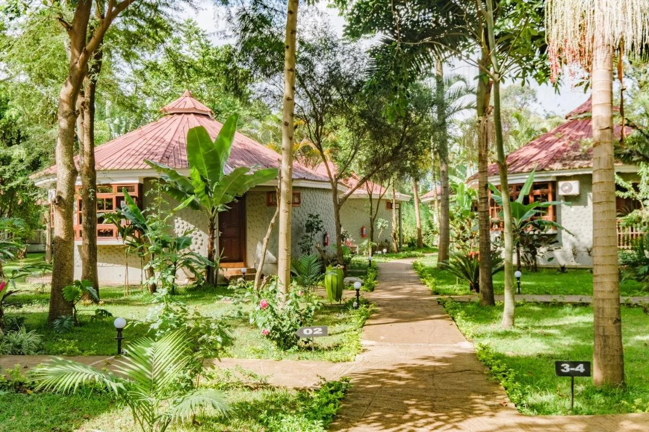 Two round huts with red roofs and wooden windows are situated in a lush green garden with a paved walkway, surrounded by tall trees and various plants.