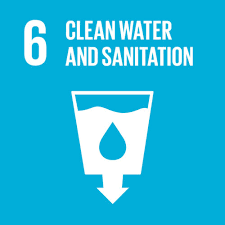 Icon of a drinking glass with water and a water droplet, representing clean water and sanitation, under the number 6 from the United Nations Sustainable Development Goals