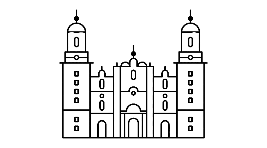 Line drawing of a large church or cathedral with two bell towers on each side and a central facade.
