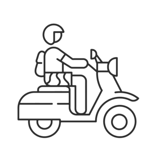 Outline drawing of a person wearing a helmet riding a motor scooter with a rear storage box.