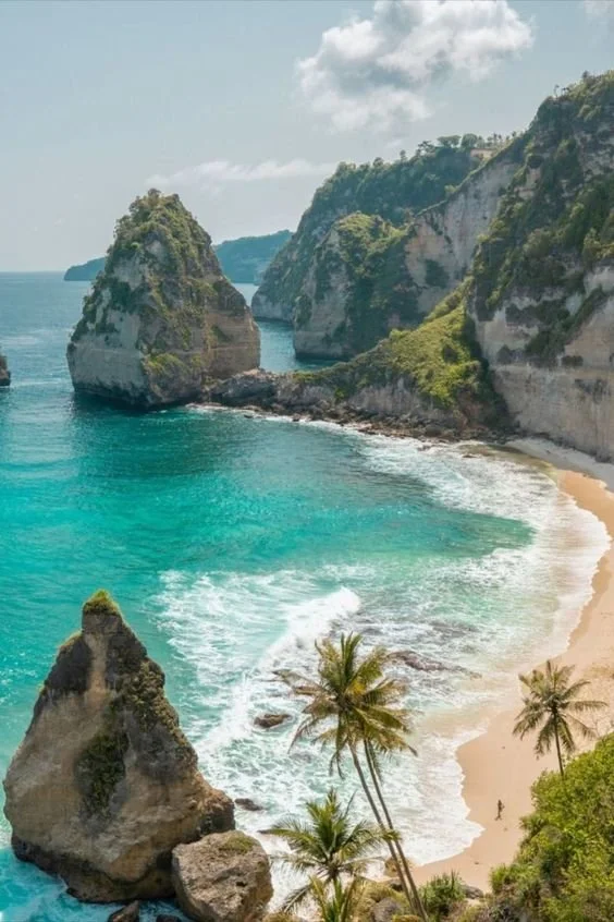 Tropical beach with turquoise water, large rock formations, sandy shore, and palm trees.