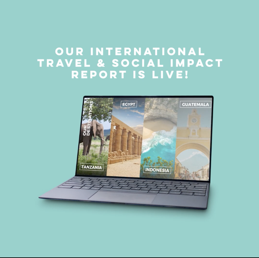 A laptop displaying a report on international travel and social impact with photos from Tanzania, Egypt, Indonesia, and Guatemala, and text announcing the report is live.