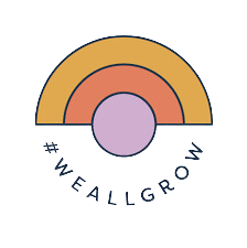 Stylized rainbow with three arches in orange, pink, and purple above a purple circle and black clipboard.