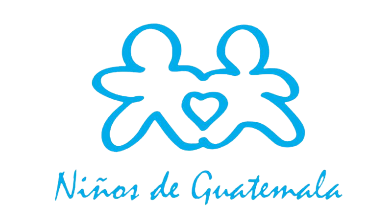 Logo with two stylized children holding hands, a heart shape between them, and the text 'Niños de Guatemala' written below in blue script.