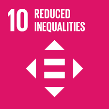 Icon of the United Nations Sustainable Development Goal 10 for Reduced Inequalities, represented with a pink background and a white symbol of three horizontal lines inside a square with arrows pointing outward in all four directions.