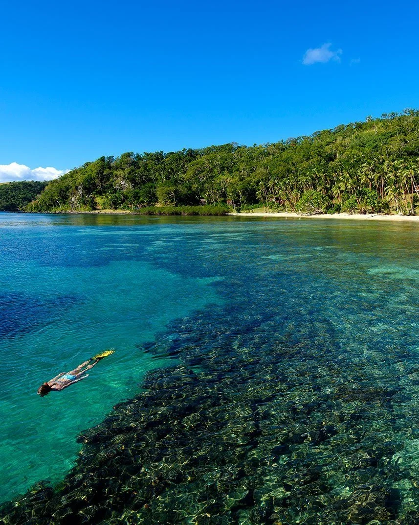 A person snorkeling in clear turquoise water near a rocky shoreline with a lush green hill and blue sky in the background.